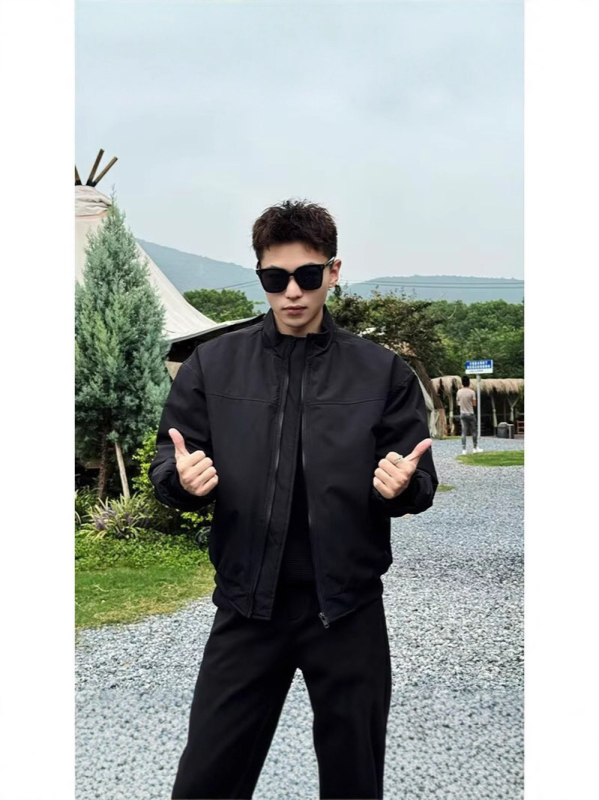 Jachetă pentru bărbați cu guler înalt, fermoar, croială lejeră, material din amestec bumbac poliester, căptușeală poliester