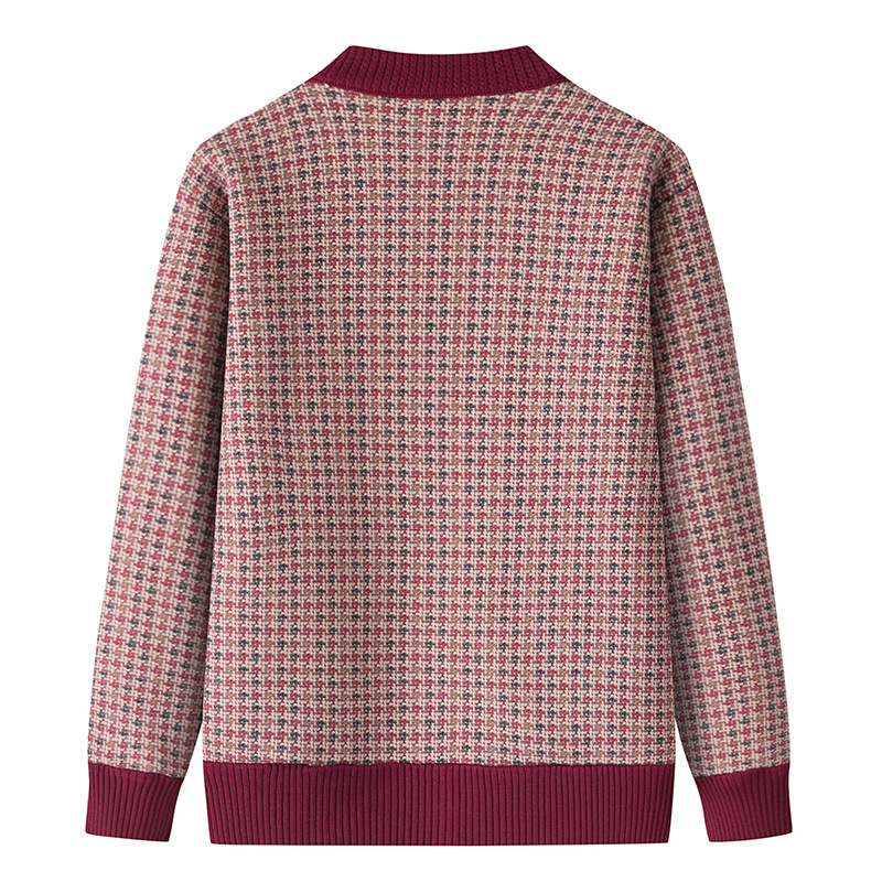 Cardigan damă tricotat cu căptușeală de fleece, model geometric, lungime medie 50-65 cm, țesătură poliester, lansare iarna 2025