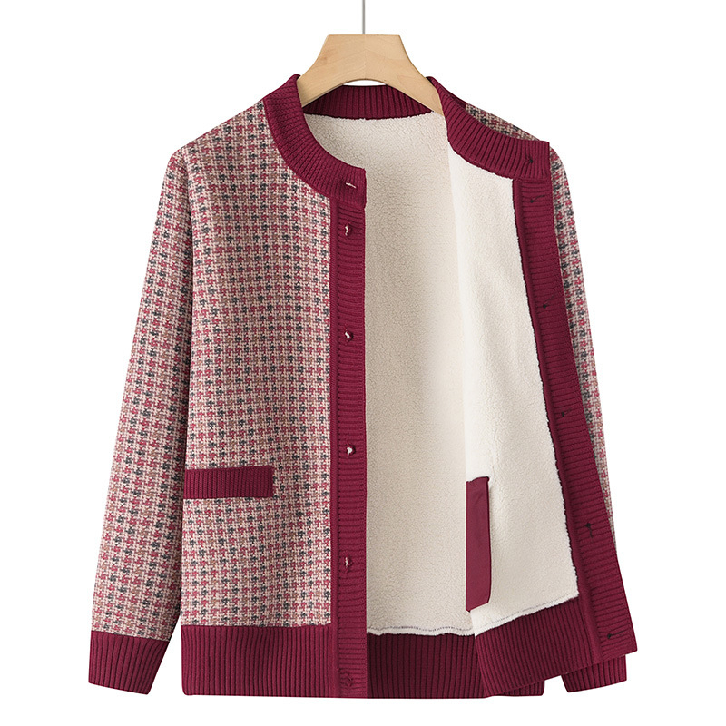 Cardigan damă tricotat cu căptușeală de fleece, model geometric, lungime medie 50-65 cm, țesătură poliester, lansare iarna 2025