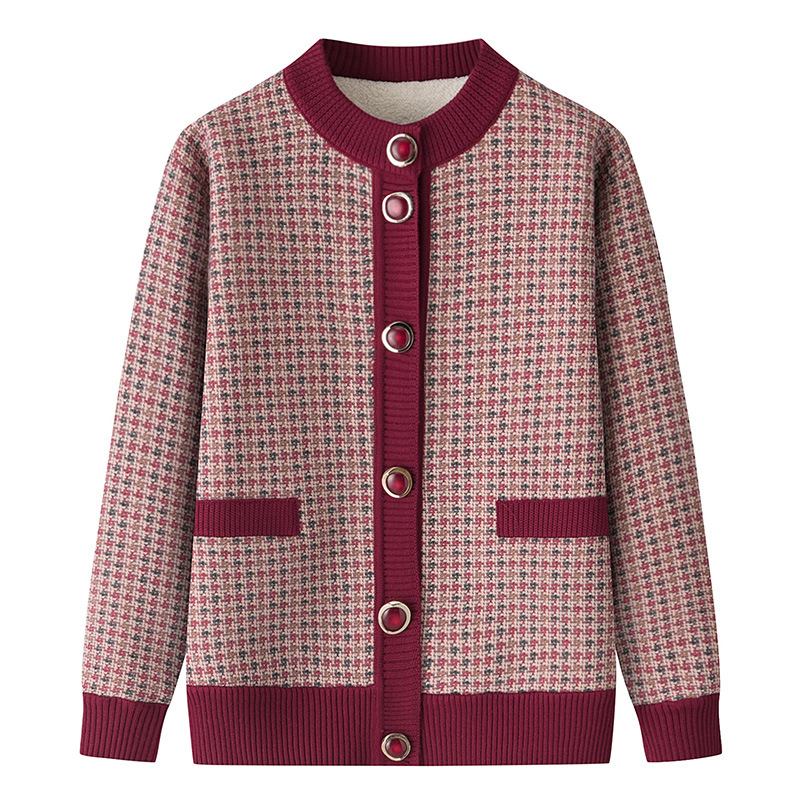 Cardigan damă tricotat cu căptușeală de fleece, model geometric, lungime medie 50-65 cm, țesătură poliester, lansare iarna 2025