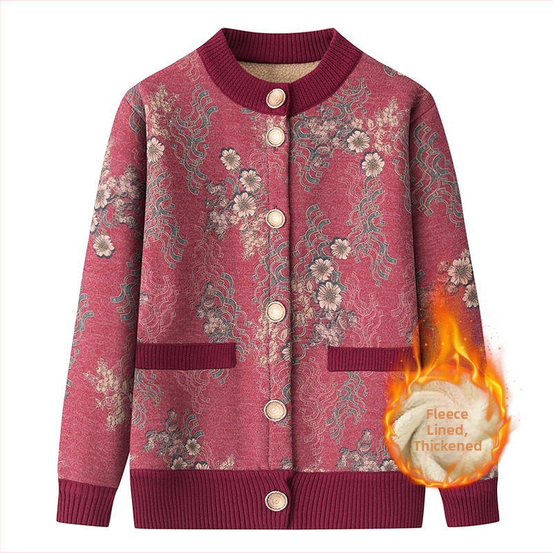 Női kardigán fleece béléses, középhosszú, hosszú ujjú, kerek nyakú, poliészter anyag, növény mintás, szabályos stílus (japán–koreai)