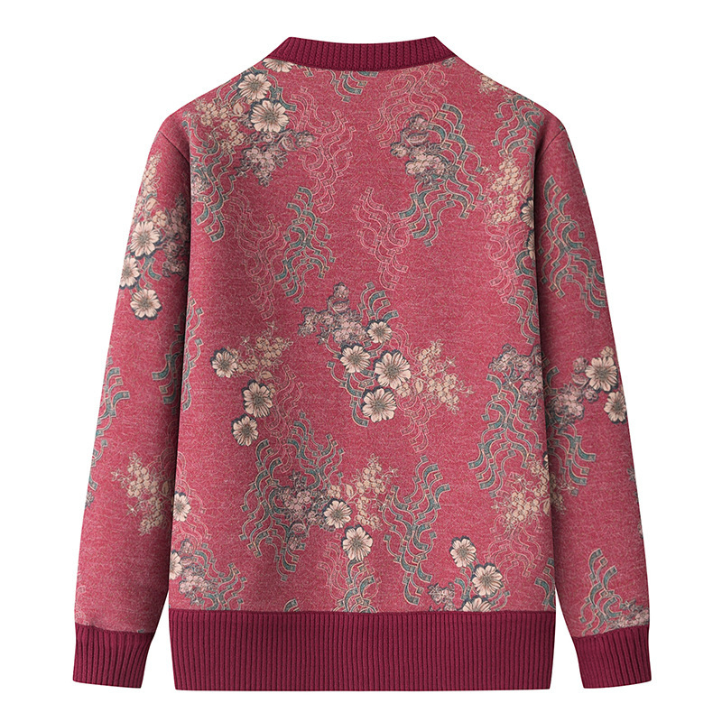 Női kardigán fleece béléses, középhosszú, hosszú ujjú, kerek nyakú, poliészter anyag, növény mintás, szabályos stílus (japán–koreai)