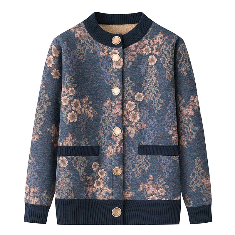 Női kardigán fleece béléses, középhosszú, hosszú ujjú, kerek nyakú, poliészter anyag, növény mintás, szabályos stílus (japán–koreai)