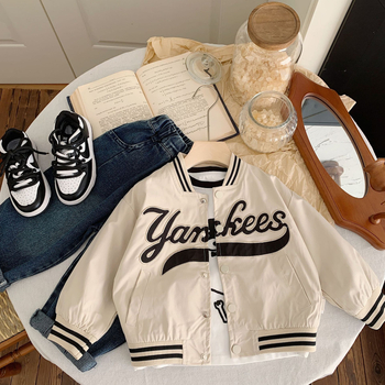 Jachetă pentru copii, în stil coreean, cu litere brodate, nasturi într-un singur rând, poliester, lungime medie