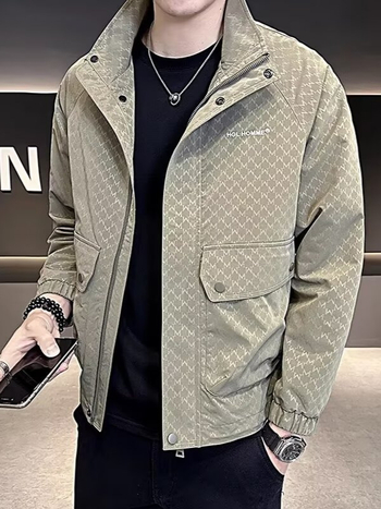 Geacă bărbați Slim Fit cu guler înalt, fermoar, model floral, buzunare patch, material poliester 75%/căptușeală 75%, toamnă 2024