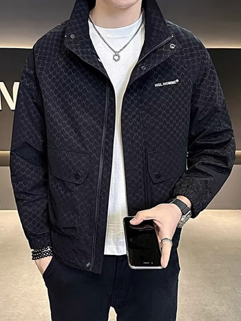 Geacă bărbați Slim Fit cu guler înalt, fermoar, model floral, buzunare patch, material poliester 75%/căptușeală 75%, toamnă 2024