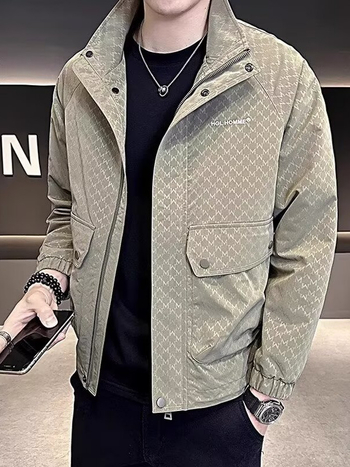 Geacă bărbați Slim Fit cu guler înalt, fermoar, model floral, buzunare patch, material poliester 75%/căptușeală 75%, toamnă 2024