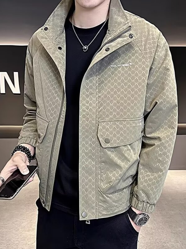 Geacă bărbați Slim Fit cu guler înalt, fermoar, model floral, buzunare patch, material poliester 75%/căptușeală 75%, toamnă 2024