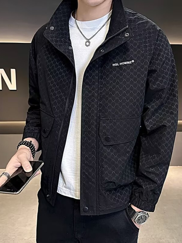 Geacă bărbați Slim Fit cu guler înalt, fermoar, model floral, buzunare patch, material poliester 75%/căptușeală 75%, toamnă 2024