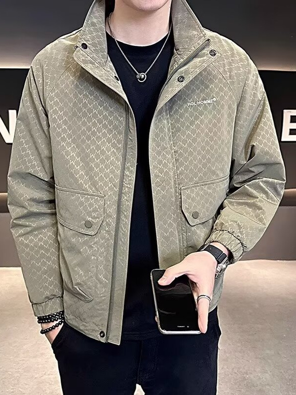 Geacă bărbați Slim Fit cu guler înalt, fermoar, model floral, buzunare patch, material poliester 75%/căptușeală 75%, toamnă 2024