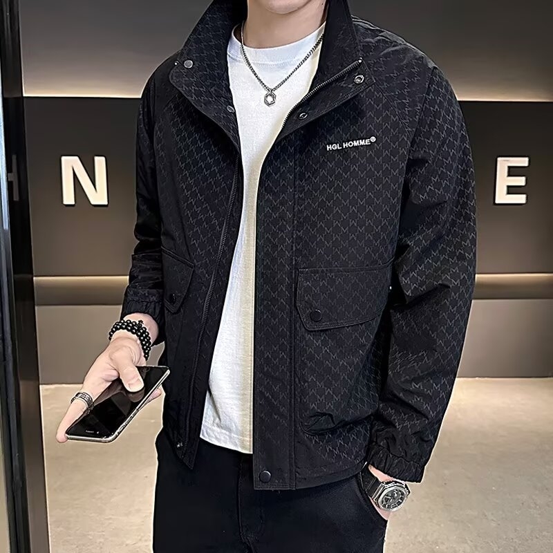 Geacă bărbați Slim Fit cu guler înalt, fermoar, model floral, buzunare patch, material poliester 75%/căptușeală 75%, toamnă 2024