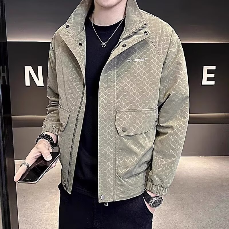 Geacă bărbați Slim Fit cu guler înalt, fermoar, model floral, buzunare patch, material poliester 75%/căptușeală 75%, toamnă 2024