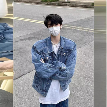 Farmerdzseki reveres gallérral, cipzár, laza szabás, hosszú ujjú, zsebdíszítéssel, férfiaknak