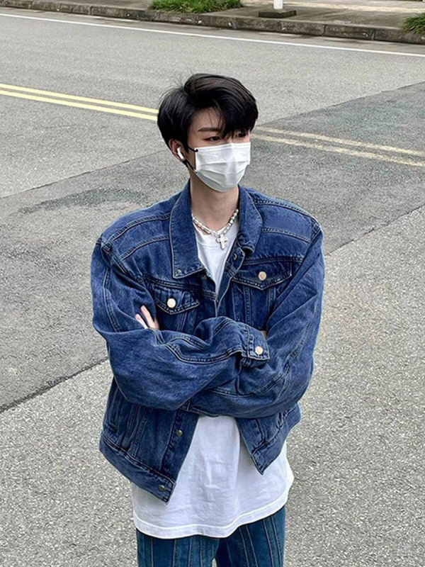 Farmerdzseki reveres gallérral, cipzár, laza szabás, hosszú ujjú, zsebdíszítéssel, férfiaknak