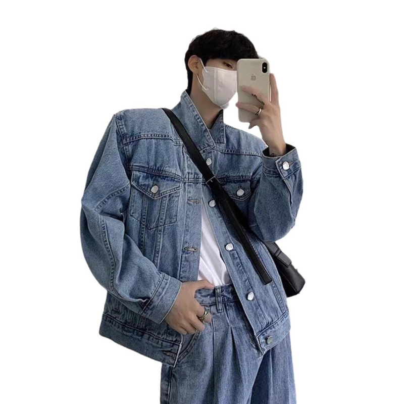 Farmerdzseki reveres gallérral, cipzár, laza szabás, hosszú ujjú, zsebdíszítéssel, férfiaknak