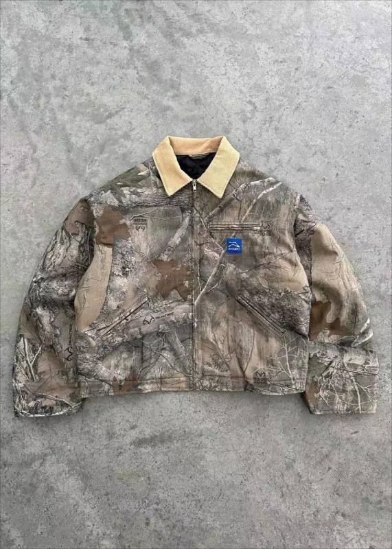 Pánska outdoor bunda s kamuflážnym 3D vzorom, golier, zips, voľný strih (jar–jeseň)