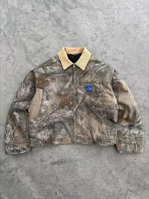 Pánska outdoor bunda s kamuflážnym 3D vzorom, golier, zips, voľný strih (jar–jeseň)