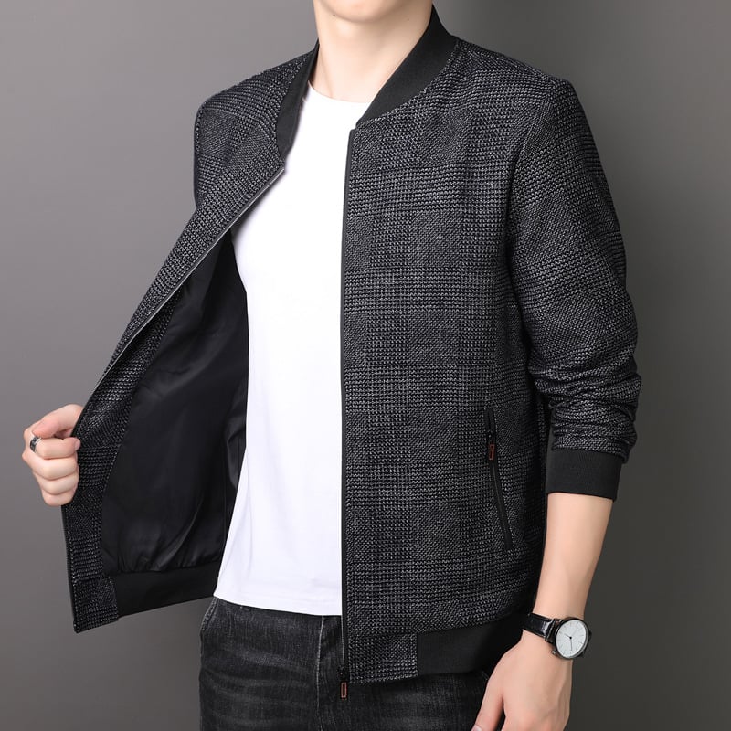 Geacă pentru bărbați, stil Coreea, model în carouri, fermoar frontal, mâneci 3/4, lungime scurtă