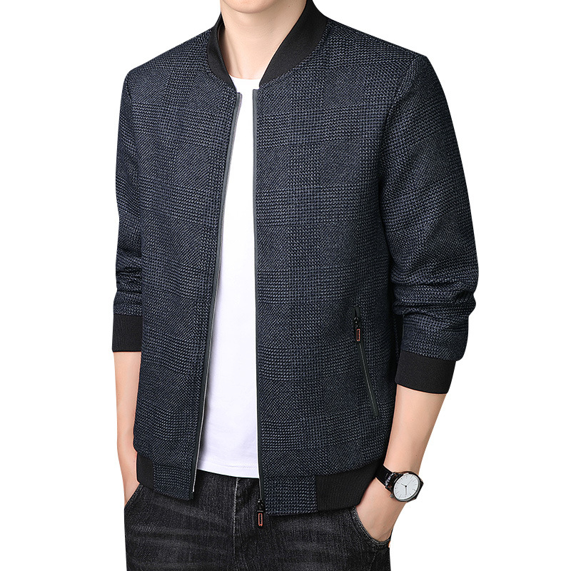 Geacă pentru bărbați, stil Coreea, model în carouri, fermoar frontal, mâneci 3/4, lungime scurtă