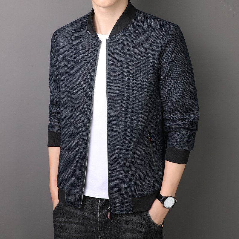Geacă pentru bărbați, stil Coreea, model în carouri, fermoar frontal, mâneci 3/4, lungime scurtă
