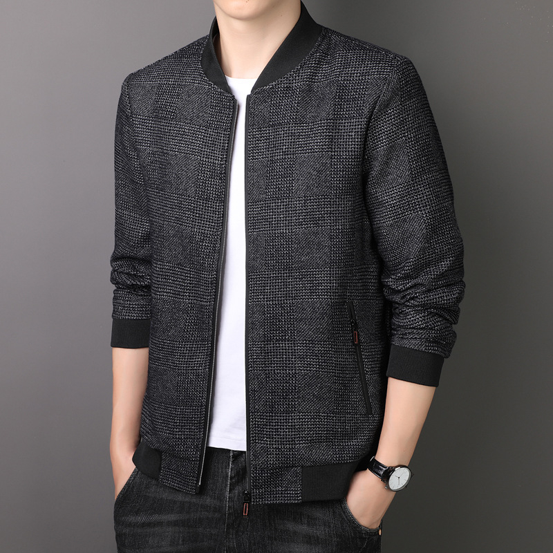 Geacă pentru bărbați, stil Coreea, model în carouri, fermoar frontal, mâneci 3/4, lungime scurtă