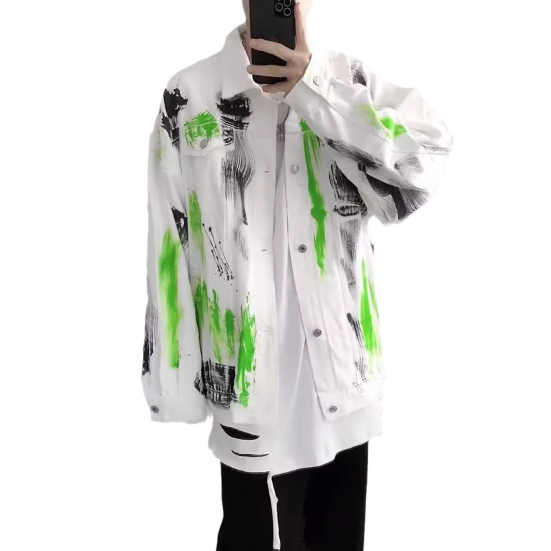 Traper jakna s tie-dye graffiti dizajnom, high street stil, opušten kroj, rever