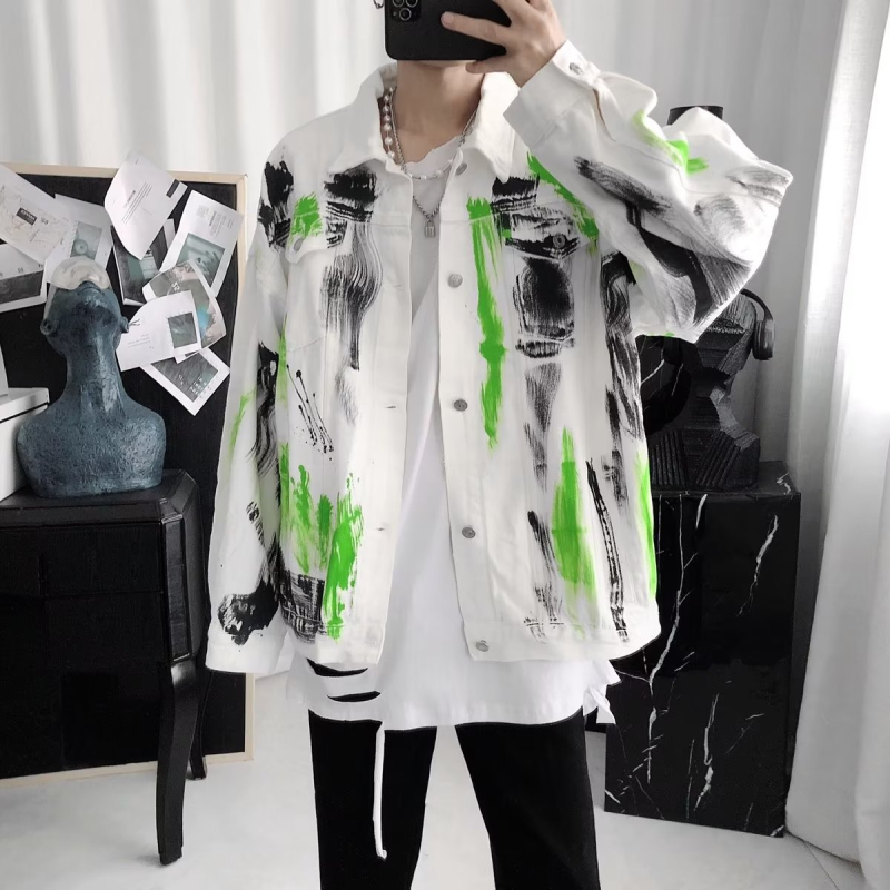 Traper jakna s tie-dye graffiti dizajnom, high street stil, opušten kroj, rever