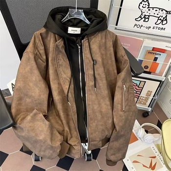 Muška jakna s kapuljom, japanski retro stil, stojeći ovratnik, zatvarač, slobodan kroj, poliester mješavina, proljeće i jesen