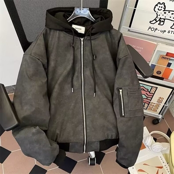 Muška jakna s kapuljom, japanski retro stil, stojeći ovratnik, zatvarač, slobodan kroj, poliester mješavina, proljeće i jesen