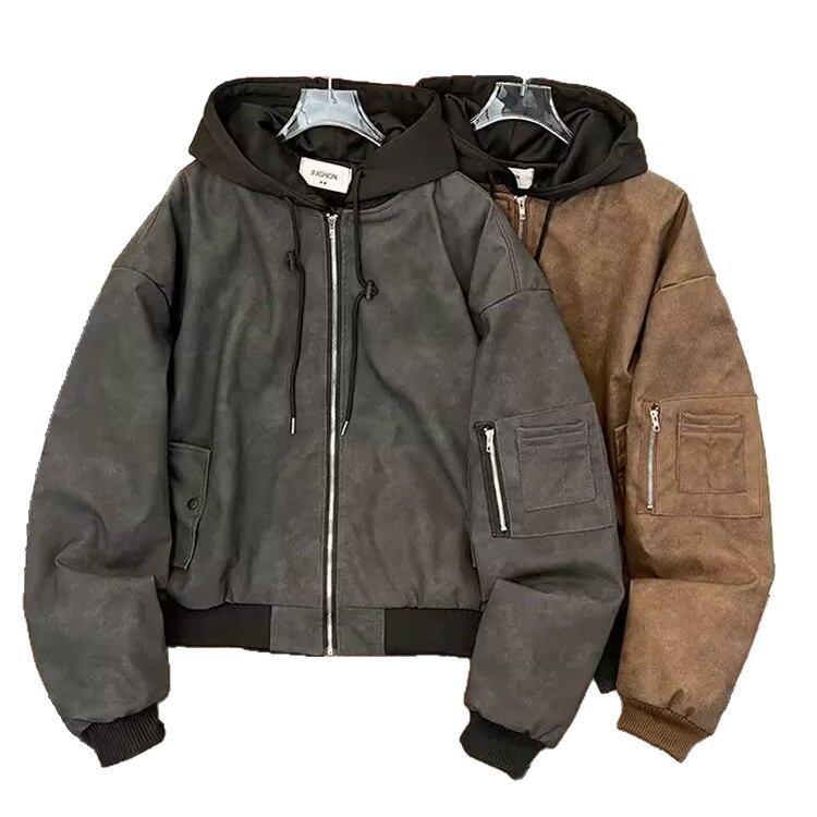 Muška jakna s kapuljom, japanski retro stil, stojeći ovratnik, zatvarač, slobodan kroj, poliester mješavina, proljeće i jesen