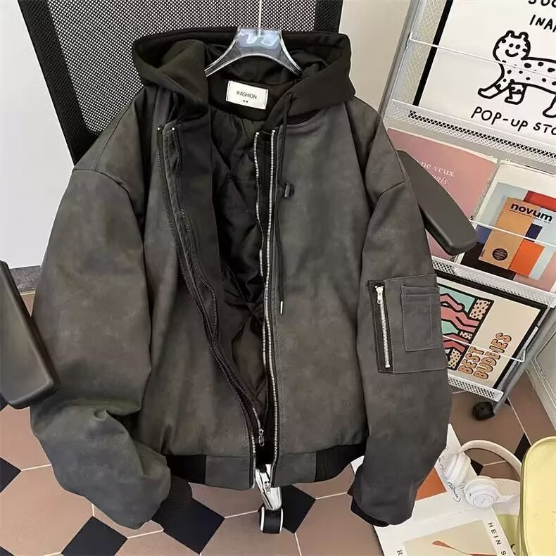Muška jakna s kapuljom, japanski retro stil, stojeći ovratnik, zatvarač, slobodan kroj, poliester mješavina, proljeće i jesen