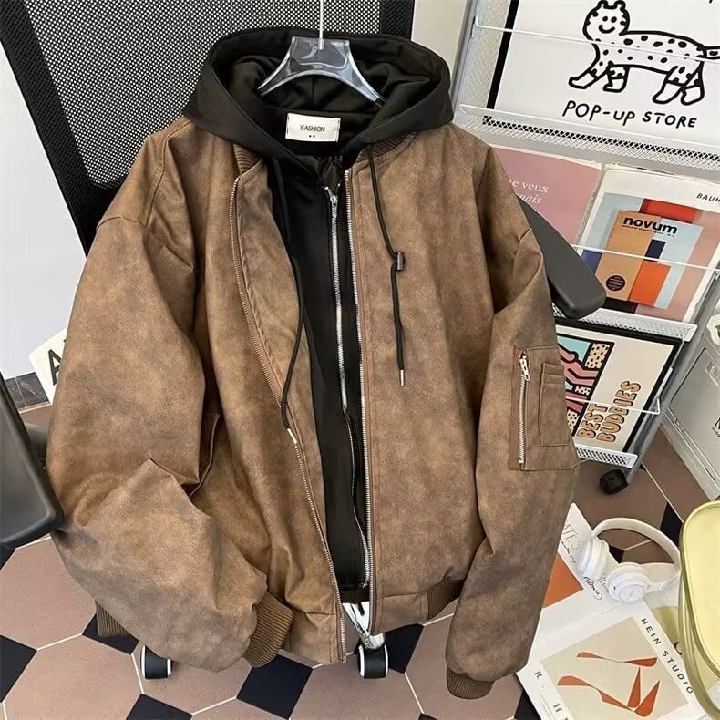 Muška jakna s kapuljom, japanski retro stil, stojeći ovratnik, zatvarač, slobodan kroj, poliester mješavina, proljeće i jesen