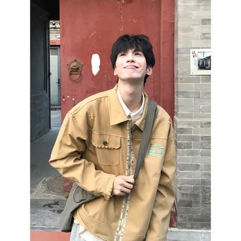 Ανδρικό κοντό τζάκετ από βαμβάκι twill με φερμουάρ, γιακά με πέτο, πολλές τσέπες, μακριά μανίκια, άνοιξη-φθινόπωρο