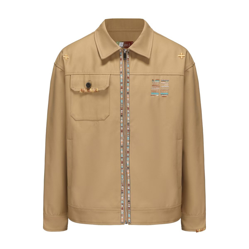 Ανδρικό κοντό τζάκετ από βαμβάκι twill με φερμουάρ, γιακά με πέτο, πολλές τσέπες, μακριά μανίκια, άνοιξη-φθινόπωρο