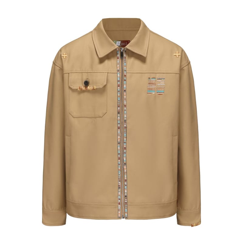 Ανδρικό κοντό τζάκετ από βαμβάκι twill με φερμουάρ, γιακά με πέτο, πολλές τσέπες, μακριά μανίκια, άνοιξη-φθινόπωρο