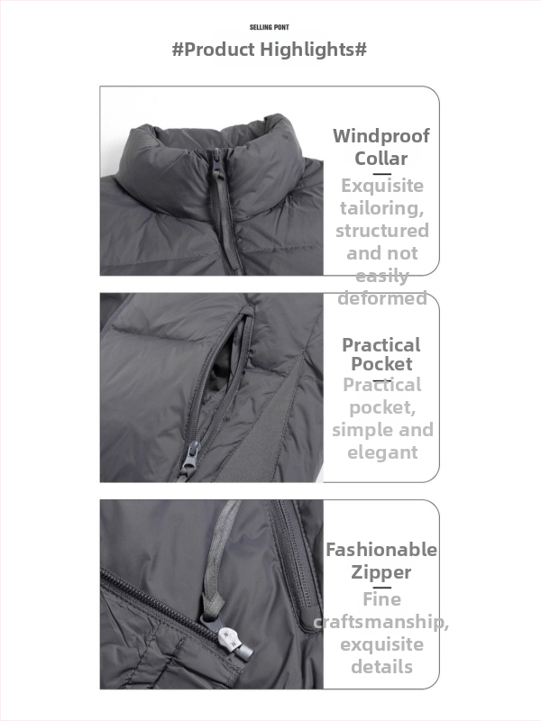 Veste ar pīļu dūnu pildījumu, augsts apkaklis, rāvējslēdzējs, dūnu saturs 46–50%, pildījums 50–100, rudens-ziems