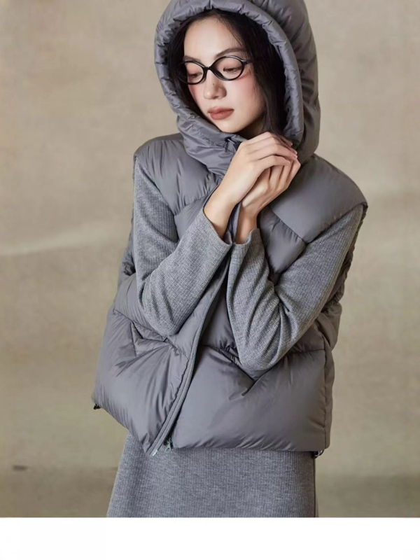 Női kapucnis tollmellény kacsa tolltöltettel, cipzárral, 3D mintázattal, poliészter anyaggal