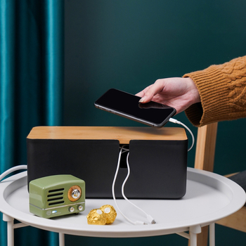 Cutie organizare cabluri de birou cu capac din bambus, design cu patru găuri, rezistentă la praf, capacitate 2 L