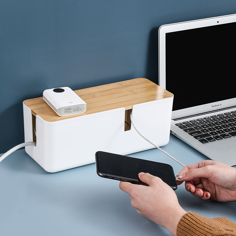 Cutie organizare cabluri de birou cu capac din bambus, design cu patru găuri, rezistentă la praf, capacitate 2 L