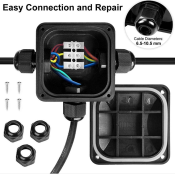 IP68 kültéri világítási kábelcsatlakozó doboz, műanyag, 3-utas elosztó doboz, egy bemenet és két kimenet