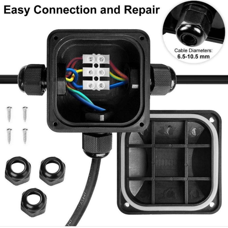 IP68 kültéri világítási kábelcsatlakozó doboz, műanyag, 3-utas elosztó doboz, egy bemenet és két kimenet