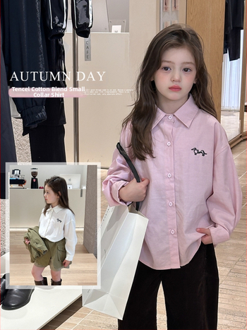 Elmo Beibei korejski stil dječja košulja s dugim rukavima, ovratnik Lapel, za djevojčice od 3 do 8 godina, sastav tkanine: 55% Tencel / 25% pamuk / 20% brokat