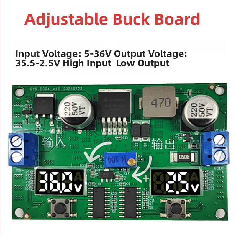 LM2596S reguliuojamas Boost/Buck DC-DC modulis su dviejų skaitmeninių voltmetrų rodmenimis – reguliuojamas maitinimo šaltinis DIY