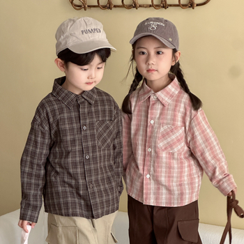 Cămașă de copii cu mânecă lungă, din bumbac 100% în carouri, stil coreean, cu guler rever, pentru vârste 3–8 ani, toamna 2025
