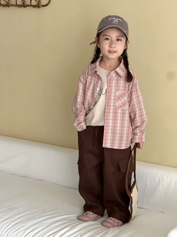 Cămașă de copii cu mânecă lungă, din bumbac 100% în carouri, stil coreean, cu guler rever, pentru vârste 3–8 ani, toamna 2025