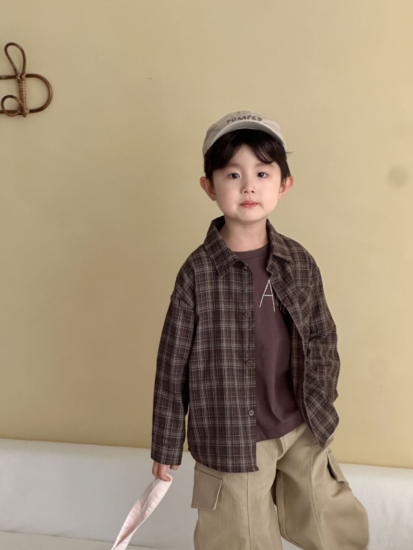 Cămașă de copii cu mânecă lungă, din bumbac 100% în carouri, stil coreean, cu guler rever, pentru vârste 3–8 ani, toamna 2025