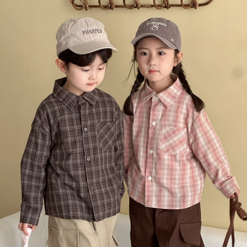 Cămașă de copii cu mânecă lungă, din bumbac 100% în carouri, stil coreean, cu guler rever, pentru vârste 3–8 ani, toamna 2025
