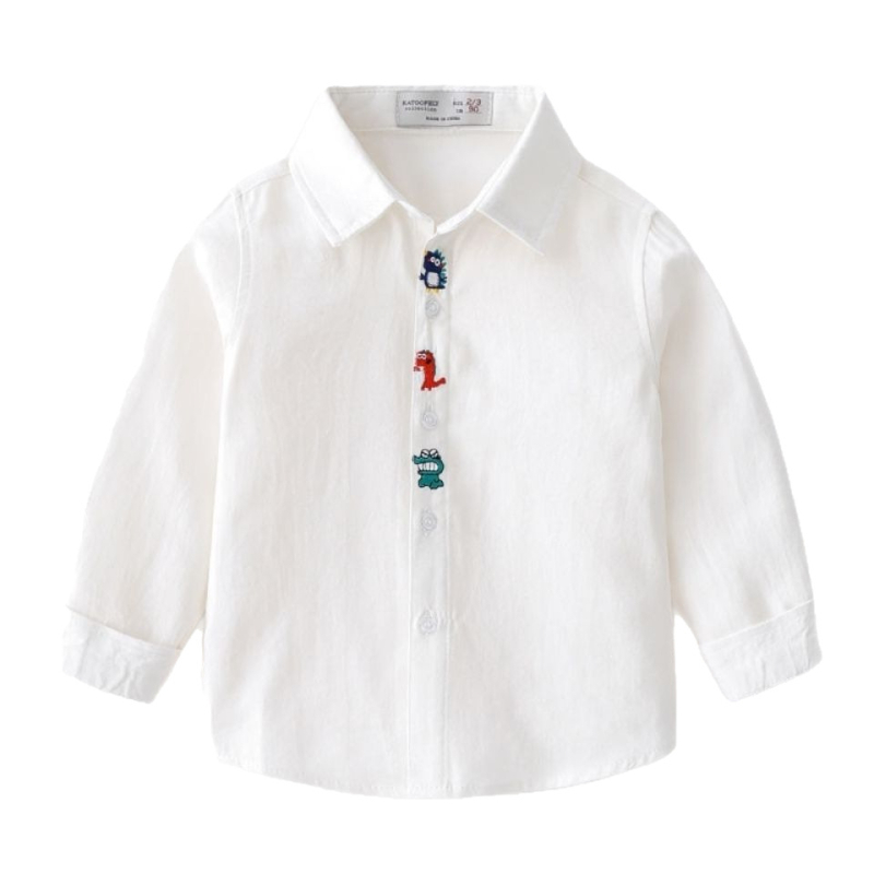 Cămașă pentru copii cu mâneci lungi, imprimeu cu dinozaur în desen animat, guler rever, material din bumbac 80%, primăvară și toamnă