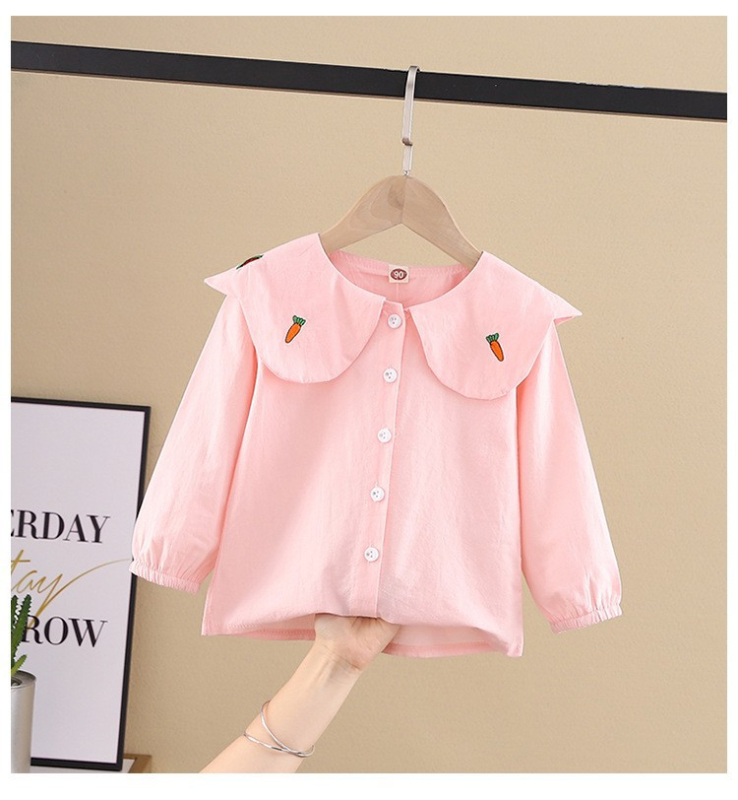 Cămașă de copii din bumbac cu mâneci lungi; model solid; potrivită pentru primăvară și toamnă; pentru vârsta 3–8 ani; stil lejer.