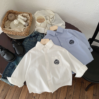 Dječja košulja za dječake, 100% pamuk, dugi rukavi, korejski stil, ovratnik lapel, našivena, uzrast 3–8 godina, jesen 2025